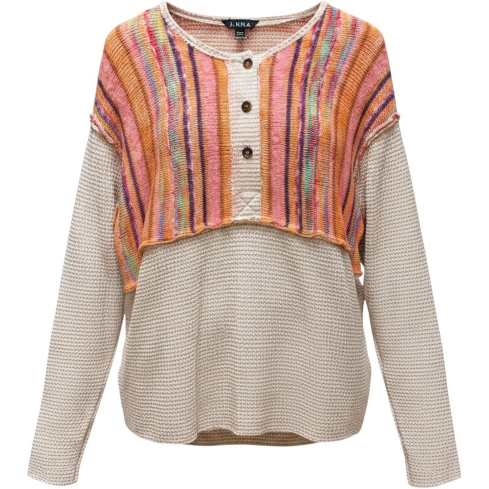 J.NNA Sweater Women Medium Cream Multi Waffle Knit Henley Mixed Media
